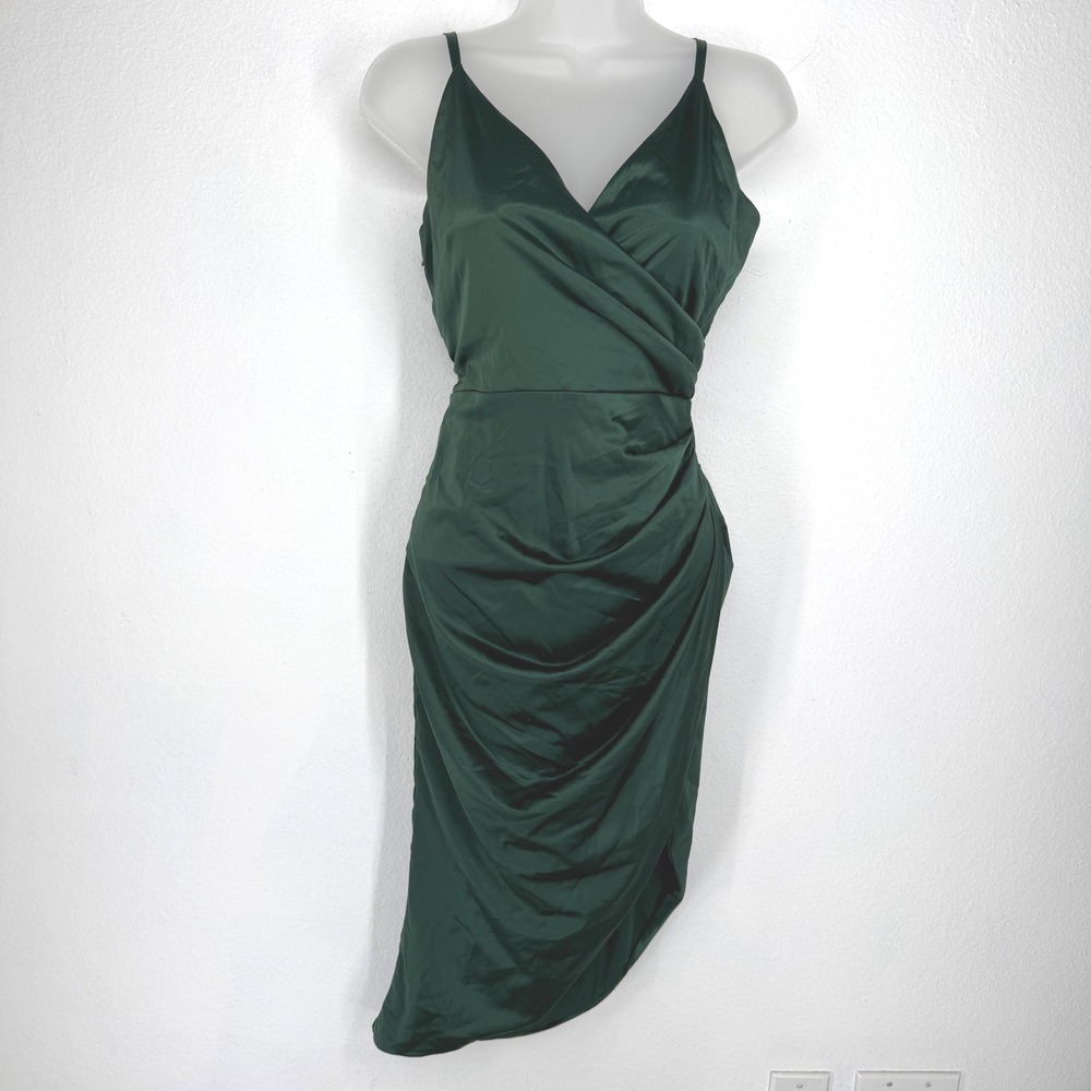 Forest Green Satin Ruched Wrap Asymmetrical Dress Size M Evening Going Out Glam